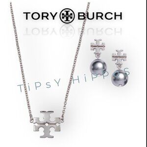 BOTH Tory Burch Silver Kira Pendant Necklace and Earring Set